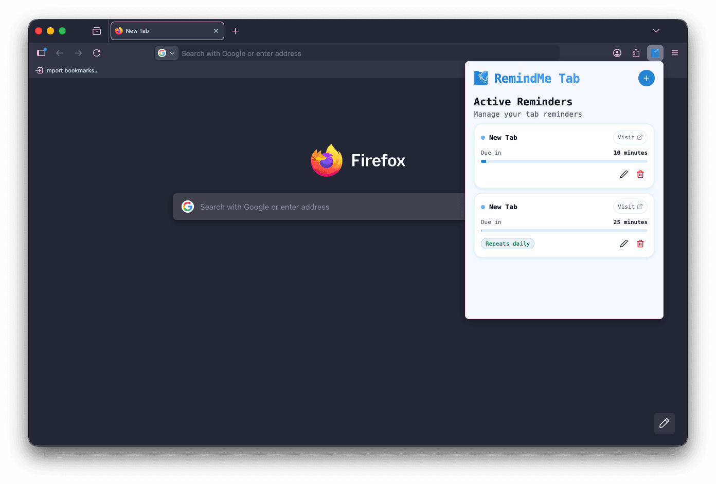 RemindMe Tab Active Reminders Screen