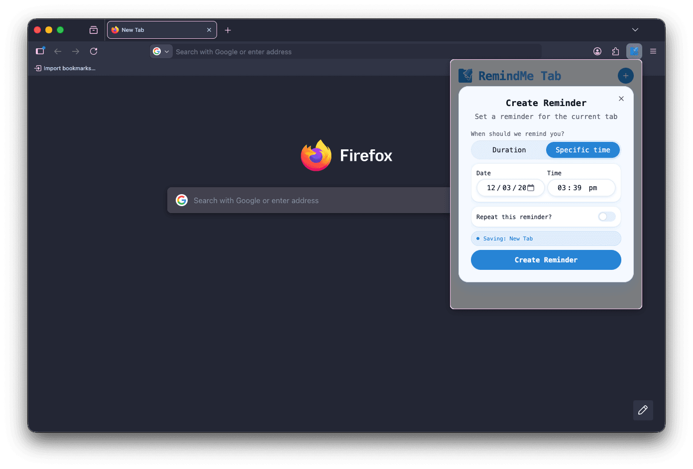 RemindMe Tab Create Reminder Date Based Screen