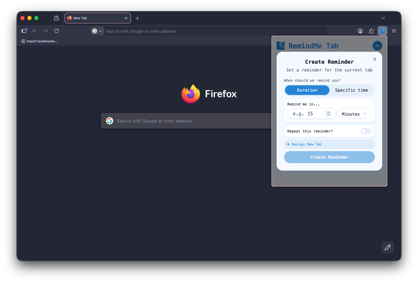 RemindMe Tab Create Reminder Duration Based Screen