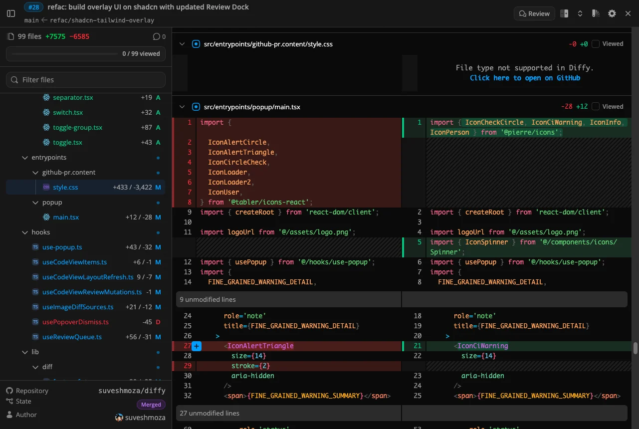 Diff shown in split view mode