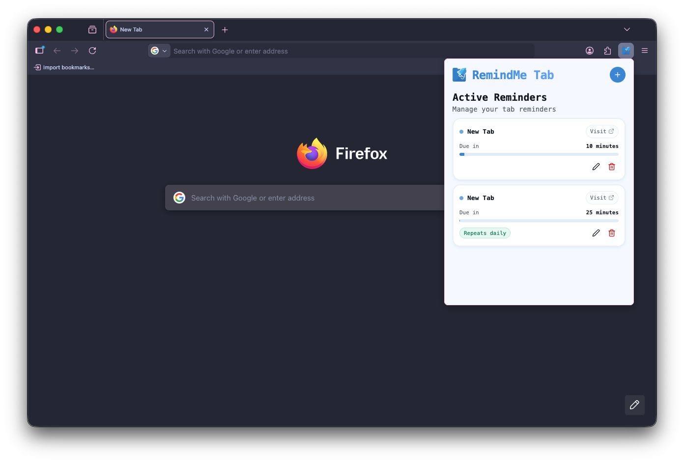 List of active reminders in RemindMe Tab